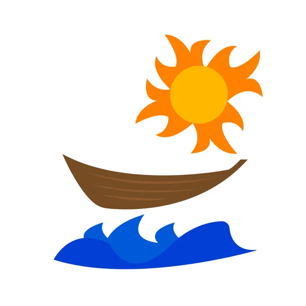 Holzboot Meereswellen Und Orangefarbene Sonnenobjekte Zur Gestaltung Auf Weißem Hintergrund — Stockvektor
