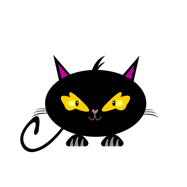 ハート型の鼻を持つ可愛い黒子猫の肖像画と オレンジ色の輝く瞳と白い背景のペットのコンセプトの丸みを帯びた尾のオブジェクトを持つ笑顔の漫画のキャラクター — ストックベクタ