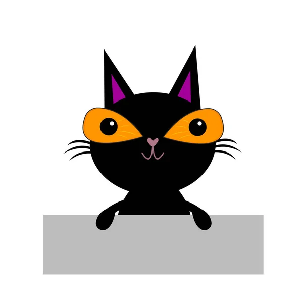 ハート型の鼻と大きなオレンジ色の目のかわいい笑顔の黒い猫灰色のプレートに保持漫画のキャラクター白い背景にペットオブジェクトのあなたのメモの概念のための場所 — ストックベクタ