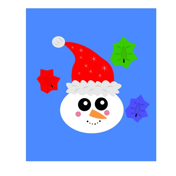 Portrait Bonhomme Neige Dans Chapeau Père Noël Lumières Multicolores Guirlandes — Image vectorielle