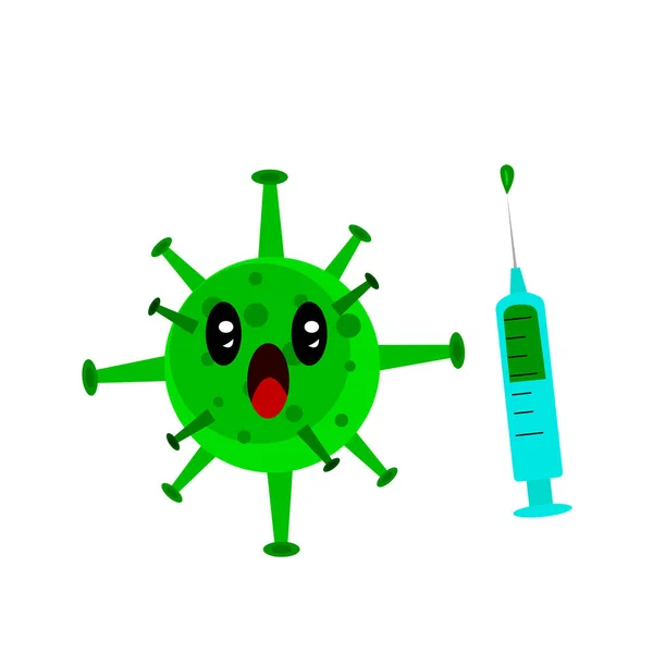 白い背景に病気や薬のオブジェクトに対する勝利のワクチンの概念と恐怖の漫画のキャラクターと注射器で叫んでウイルス — ストックベクタ