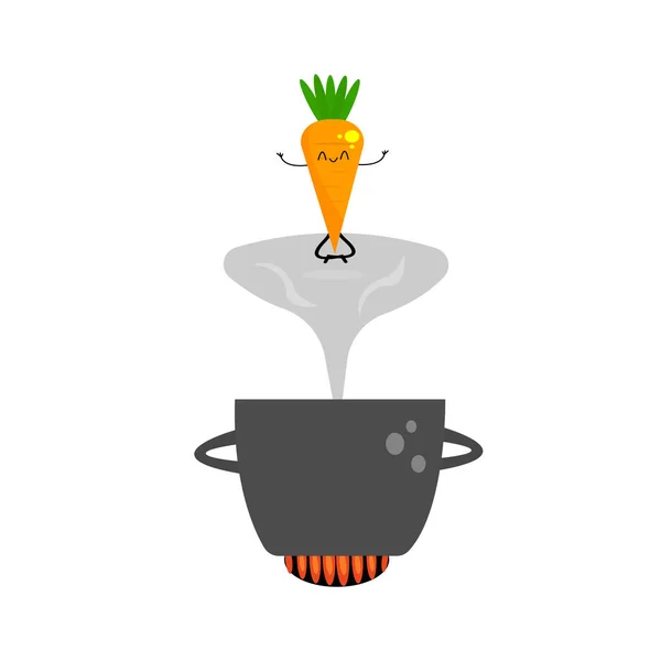 胡萝卜卡通人物在火锅上的蒸汽云雾中 坐在荷花的位置上 沉思着蔬菜的概念和健康的饮食 — 图库矢量图片