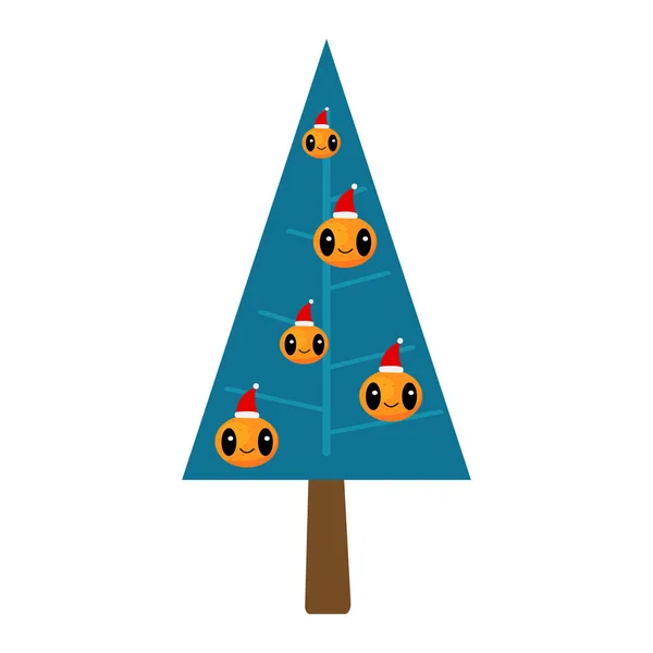在新年和寒假的白色背景观念下 橘子可爱的卡通人物头戴圣诞礼帽的热带水果装饰着圣诞树 — 图库矢量图片