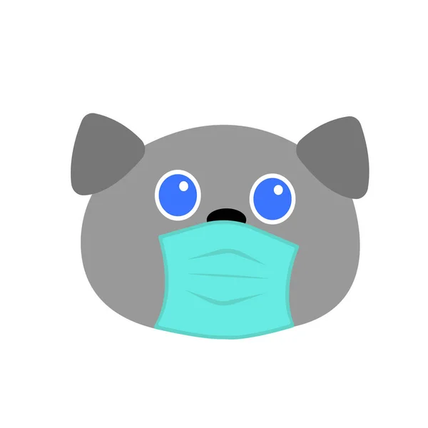 白い背景にペットや隔離物の大きな青い目の概念と医療用マスク漫画のキャラクターの犬の顔 — ストックベクタ