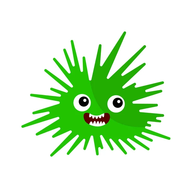 大きな丸い目と白い背景にウイルスやエイリアンオブジェクトのオープン口の概念を持つ緑の微生物 — ストックベクタ