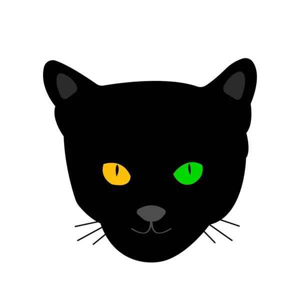 Cabeza Gato Negro Con Ojos Brillantes Multicolores Retrato Verde Naranja — Vector de stock