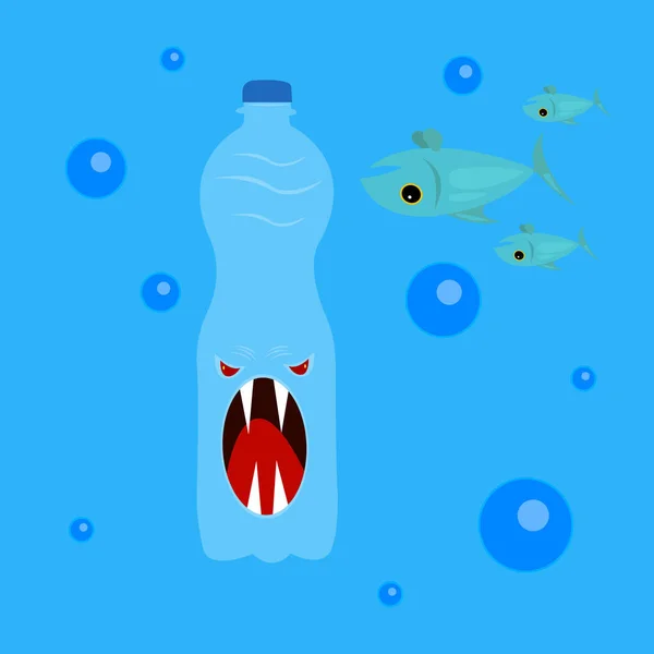 Monster Form Einer Plastikflasche Zeichentrickfigur Mit Bösen Roten Augen Und — Stockvektor