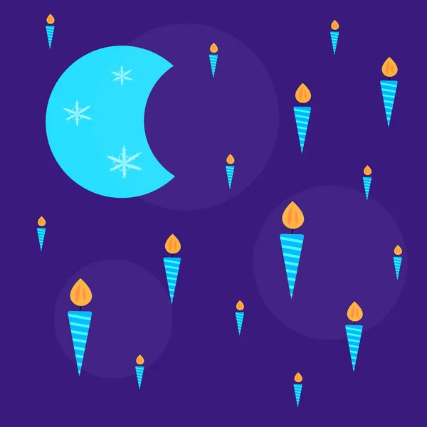 Luna Con Patrones Copos Nieve Velas Ardientes Brillantes Forma Carámbanos — Vector de stock