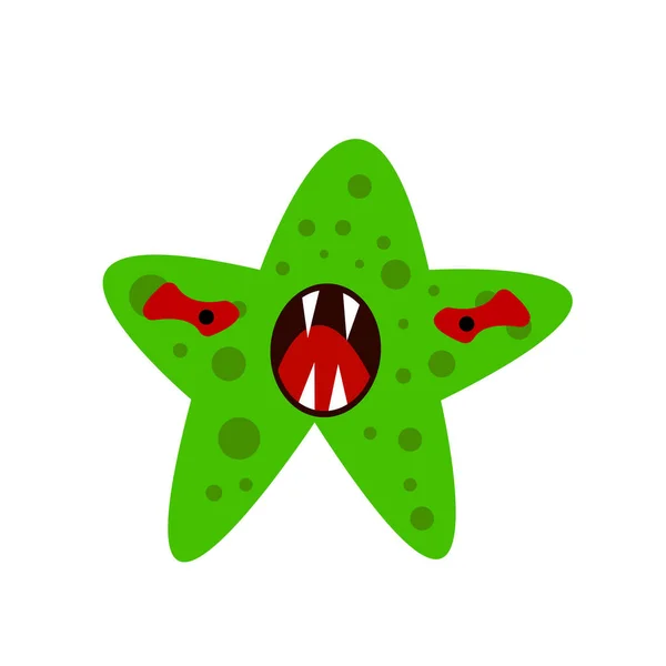 鋭い牙と口の開いた星の形をした緑のモンスター 白を背景にした神秘主義やハロウィンのオブジェクトの怒りと恐ろしい概念 — ストックベクタ
