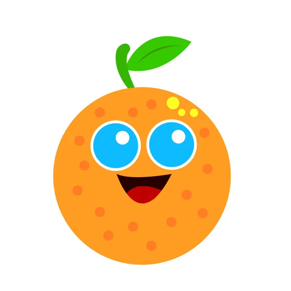 大きな青い目の緑の葉と白い背景の果物やビタミンオブジェクトの甘い笑顔の概念を持つオレンジ — ストックベクタ