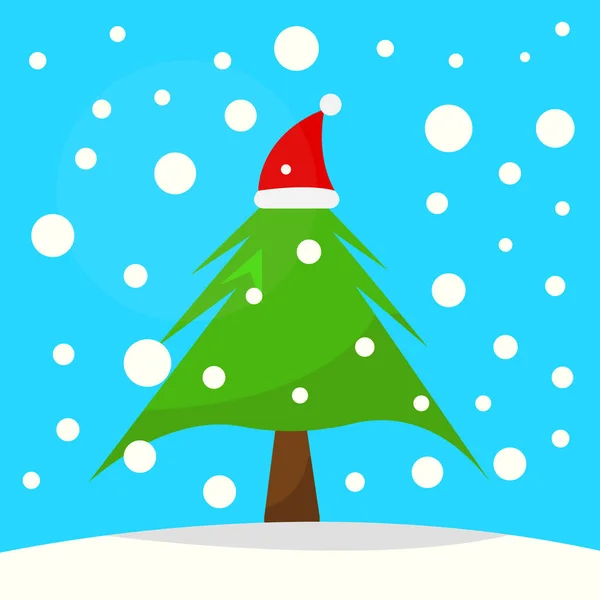 Χριστουγεννιάτικο Δέντρο Κόκκινο Καπέλο Σάντα Ένα Φόντο Καθαρό Μπλε Ουρανό — Διανυσματικό Αρχείο