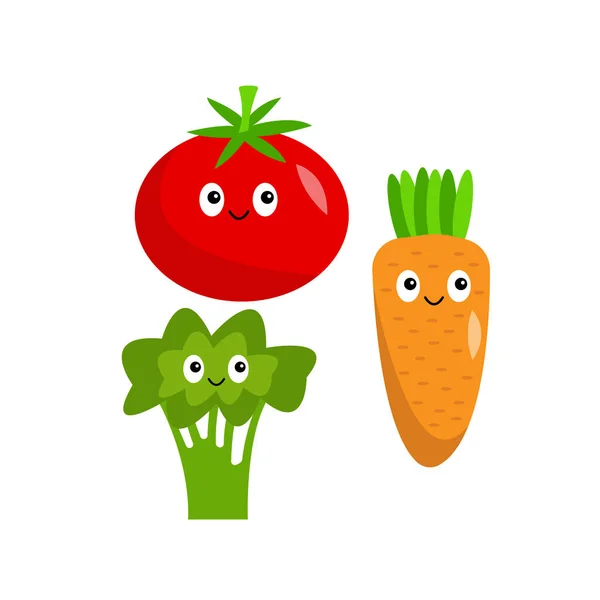 トマトブロッコリーと人参の健康的な野菜の漫画のキャラクター白い背景にかわいい笑顔食品コンセプト — ストックベクタ