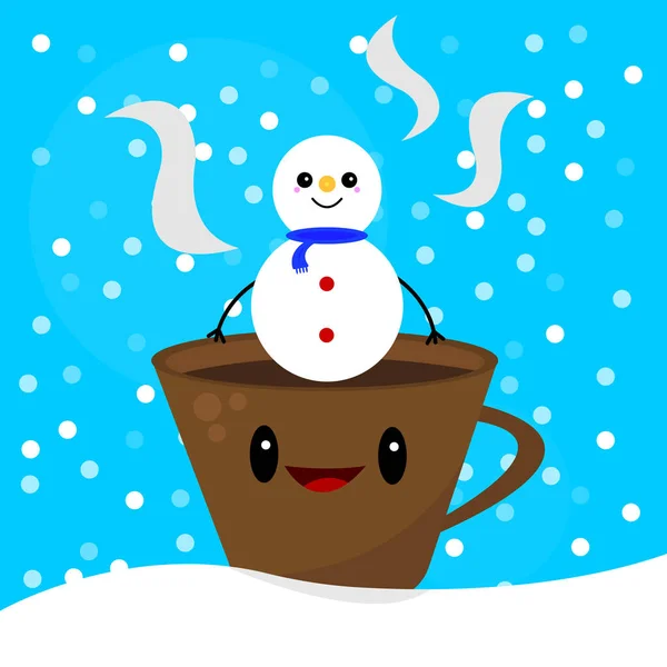 Muñeco Nieve Sentado Una Taza Caliente Café Divertidos Personajes Dibujos — Vector de stock