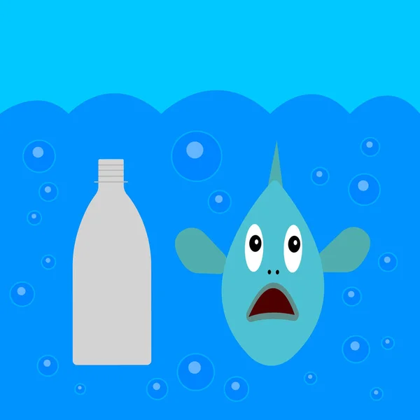 Перелякана Риба Під Водою Біля Пластикової Пляшки Концепція Забруднення Навколишнього — стоковий вектор
