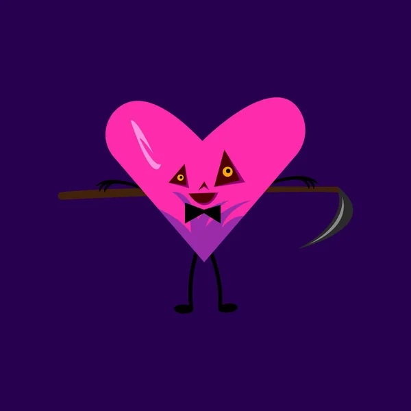 三角形の目をした紫色のハートの漫画キャラクター暗い紫色の背景にオブジェクトの後ろに鋭い編組を保持ハロウィンと神秘主義の概念 — ストックベクタ