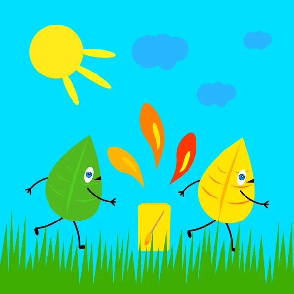 Grüne Und Orangefarbene Cartoon Figuren Blätter Laufen Durch Das Gras — Stockvektor