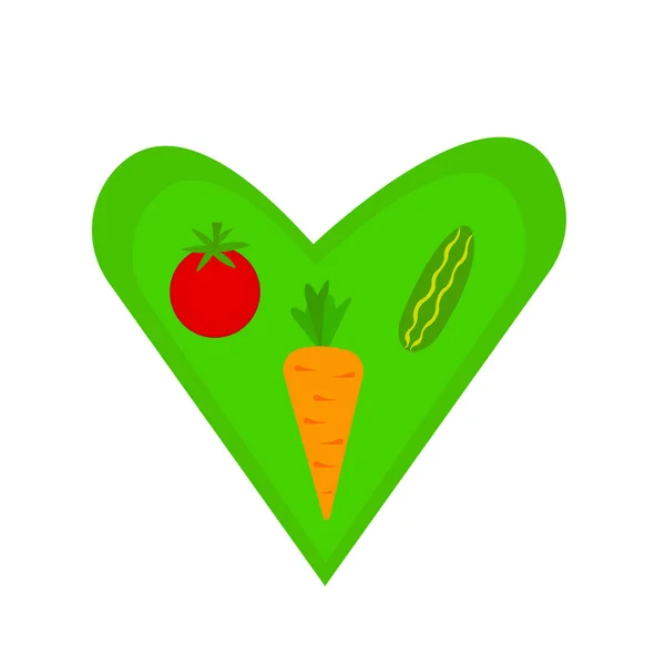 ハート型のロゴ健康的な野菜トマトニンジンとキュウリのコンセプト白い背景に夏の作物と食品オブジェクト — ストックベクタ