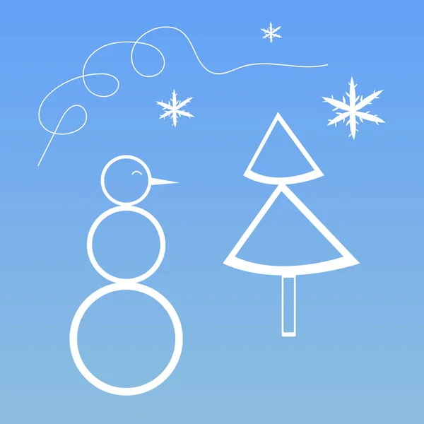Χριστουγεννιάτικο Δέντρο Χιονάνθρωπος Και Νιφάδες Χιονιού Εικόνες Χειμώνα Μπλε Φόντο — Διανυσματικό Αρχείο