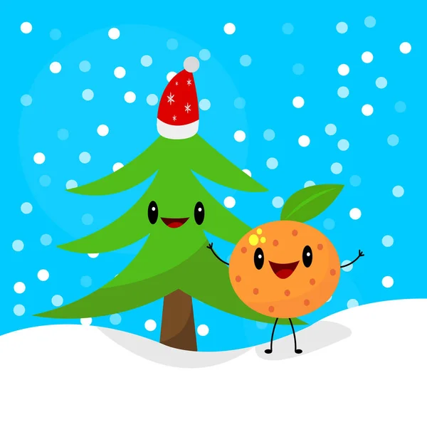 Árbol Navidad Personajes Dibujos Animados Mandarina Riendo Posando Sobre Fondo — Vector de stock