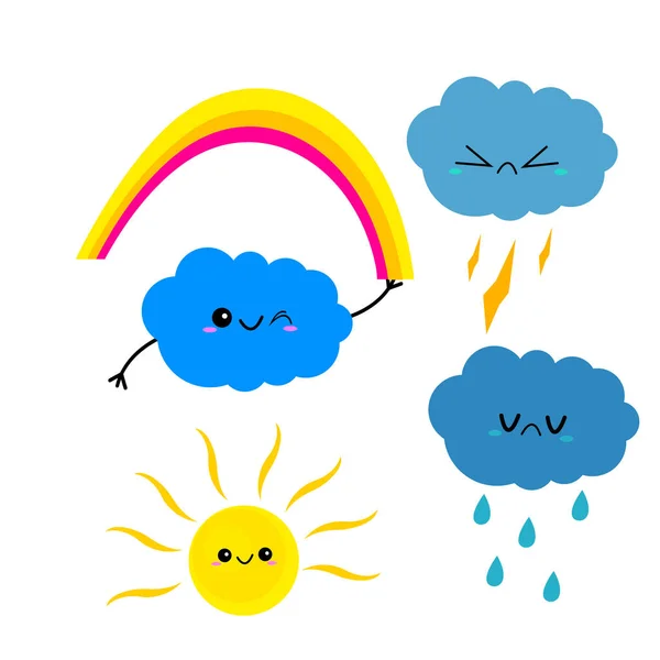Regenbogenwolken Und Sonnenuntergang Von Cartoon Figuren Blitz Und Regen Konzept — Stockvektor