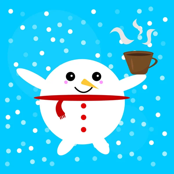 Kerek Hóember Egy Aranyos Mosollyal Tart Egy Csésze Aromás Kávét — Stock Vector