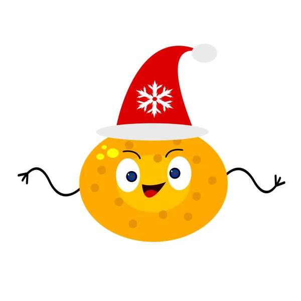 Mandarina Divertido Personaje Dibujos Animados Sombrero Rojo Con Patrón Copo — Vector de stock