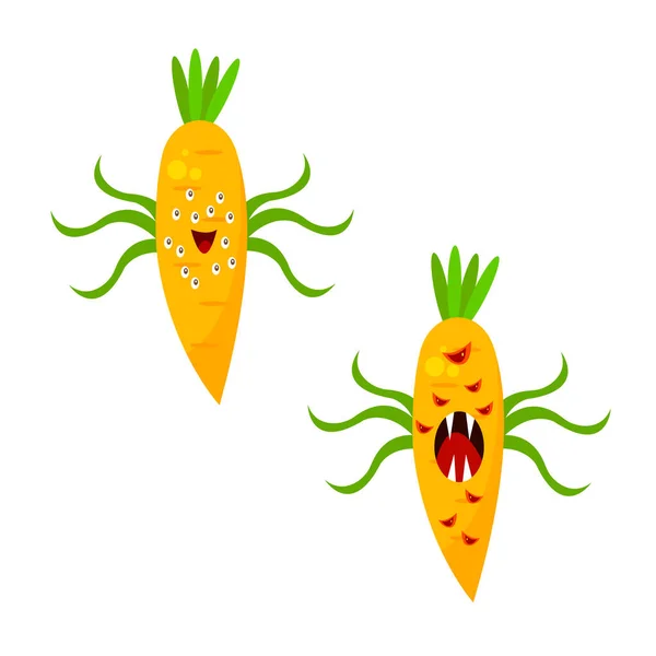 胡萝卜变种卡通人物奇形怪状的植物 有着不同的情感对象 背景为白色 背景介于概念之间 — 图库矢量图片