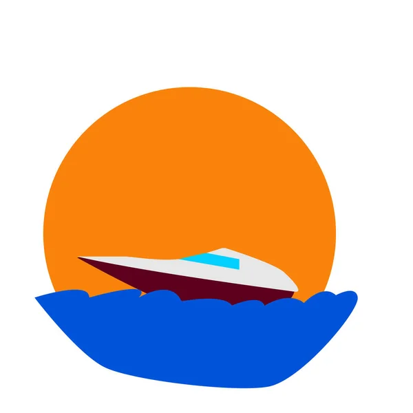 Cartoon Boat Sailing Blue Sea Waves Background Setting Orange Sun — Stock Vector