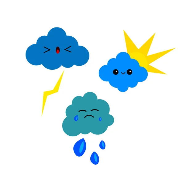 雨和闪电有趣的云彩卡通人物有着不同的情绪 对天气和自然有不同的背景概念 — 图库矢量图片