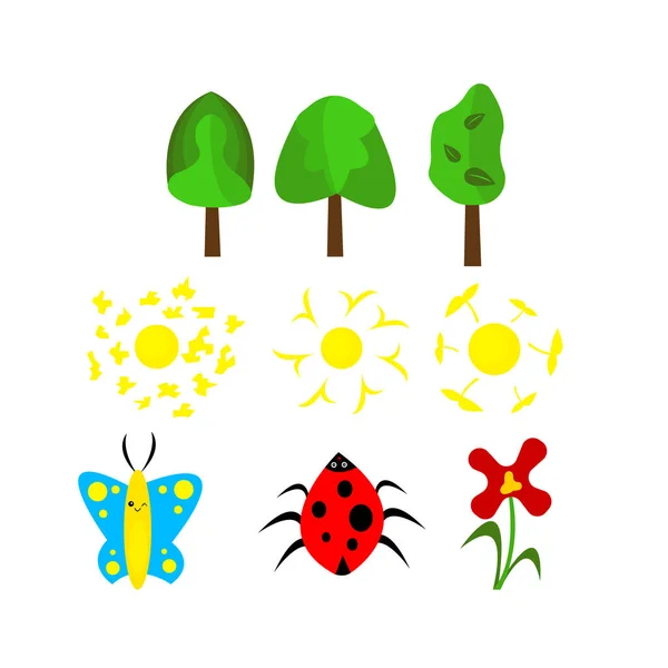 Bäume Sonne Und Insekten Objekte Auf Weißem Hintergrund Naturkonzept — Stockvektor