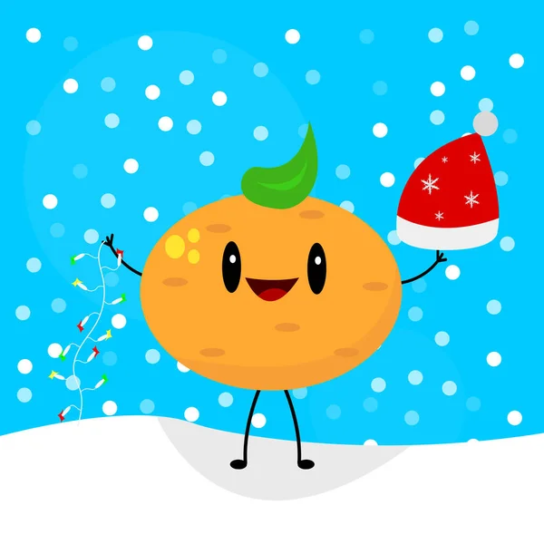 漫画人物热带水果一边拿着一顶有雪花图案的红色节日帽 另一边拿着五颜六色的花环 背景是降雪和蓝天的冬季和圣诞节概念 — 图库矢量图片