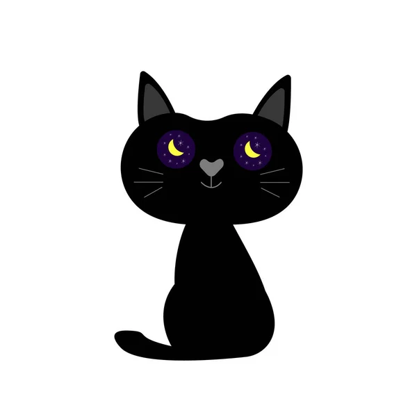 Gato Negro Sienta Mira Cielo Nocturno Que Refleja Sus Ojos — Vector de stock