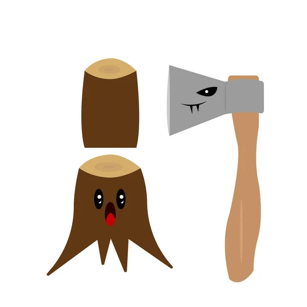 鋭い牙と邪悪な表情を持つ斧怖い木の漫画のキャラクターの概念白の背景に木工品や自然物 — ストックベクタ