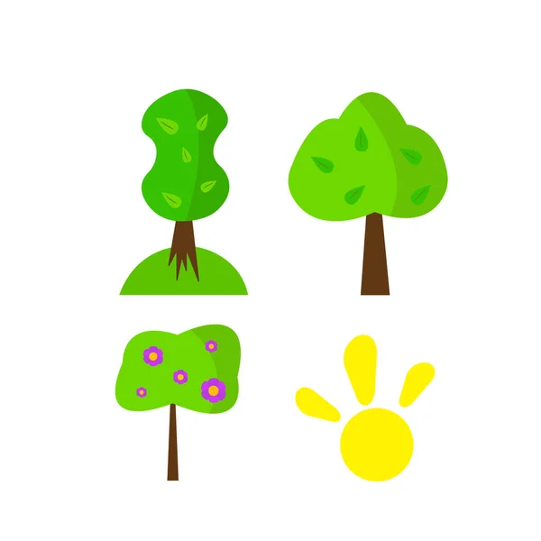 Набор Летних Растений Зеленые Деревья Листьями Цветами Ярко Оранжевый Объект — стоковый вектор