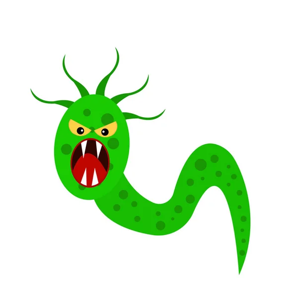 Grüne Mikroorganismus Ähnlich Einer Schlange Cartoon Figur Mit Offenem Mund — Stockvektor