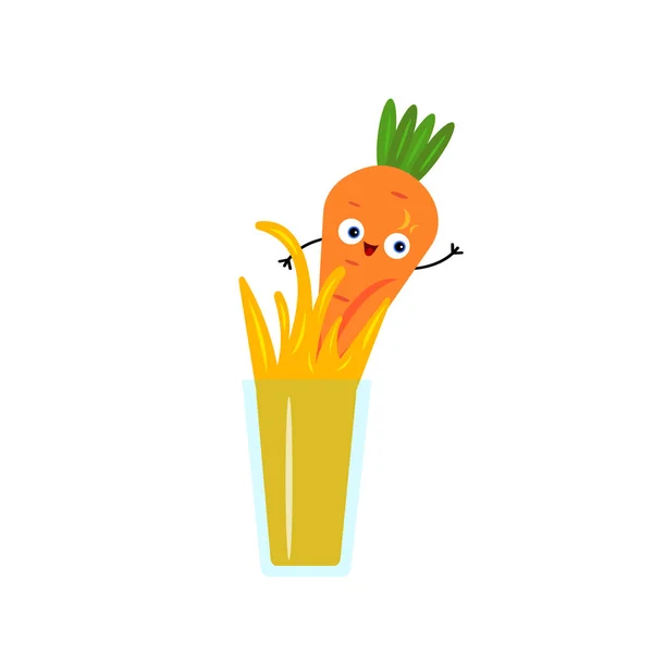 Морковный Сок Прозрачном Блестящем Стекле Смешной Мультяшный Персонаж Помахал Рукой — стоковый вектор