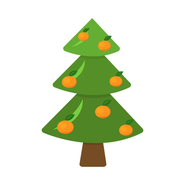 Χριστουγεννιάτικο Δέντρο Διακοσμημένο Έντονα Πορτοκαλί Μανταρίνια Πράσινα Φύλλα Αντικείμενο Λευκό — Διανυσματικό Αρχείο