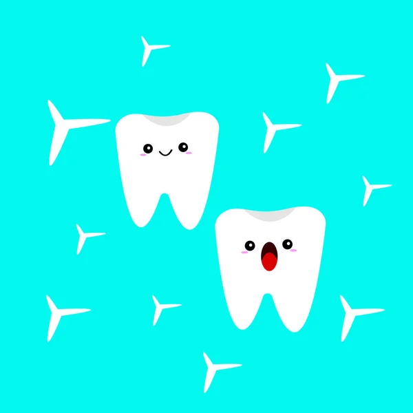 Чистые Белые Зубы Мультяшные Персонажи Различными Эмоциями Блестят Синем Фоне — стоковый вектор
