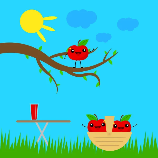 Rote Reife Äpfel Lachen Über Die Natur Ein Glas Saft — Stockvektor