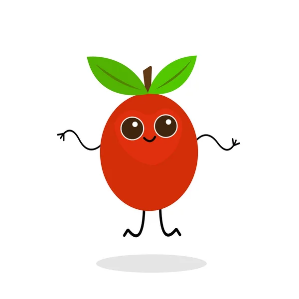 红苹果 具有甜美的微笑和棕色的眼睛卡通人物设计概念 水果和活动 — 图库矢量图片
