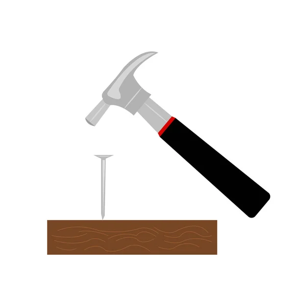 白色背景下的施工工具和材料物体的木板钉和锤击概念 — 图库矢量图片