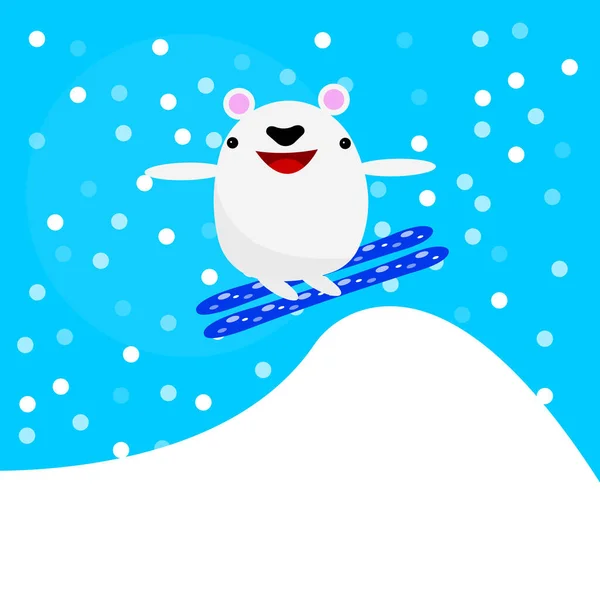 Caricatura Oso Polar Personaje Está Esquiando Pistas Nevadas Contra Fondo — Vector de stock