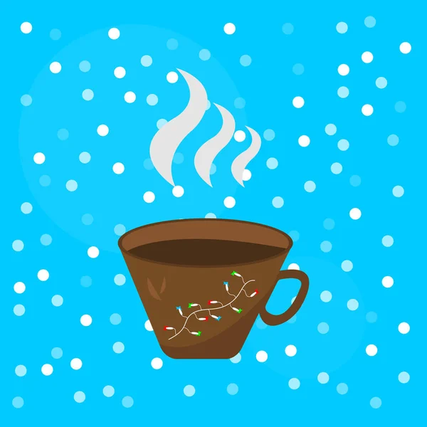 Чашка Ароматного Кофе Узорами Виде Разноцветных Гирлянд Фоне Падающего Снега — стоковый вектор