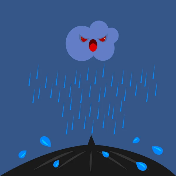 Esőcseppek Esik Fekete Tetején Esernyő Dühös Rajzfilm Karakter Felhő Gonosz — Stock Vector