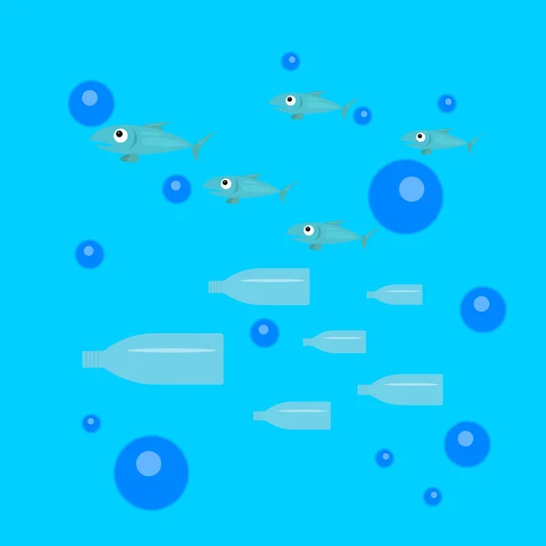 Fischschwärme Und Plastikflaschen Schwimmen Unter Wasser — Stockvektor