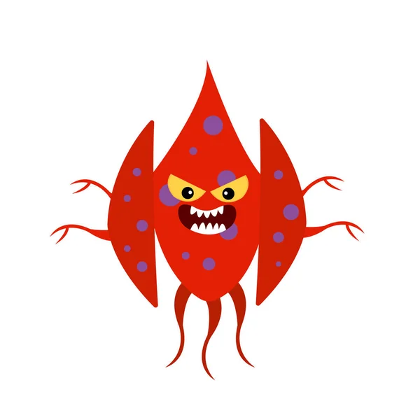 Karakter Kartun Marah Bakteri Merah Dengan Mata Oranye Dan Menyeringai - Stok Vektor