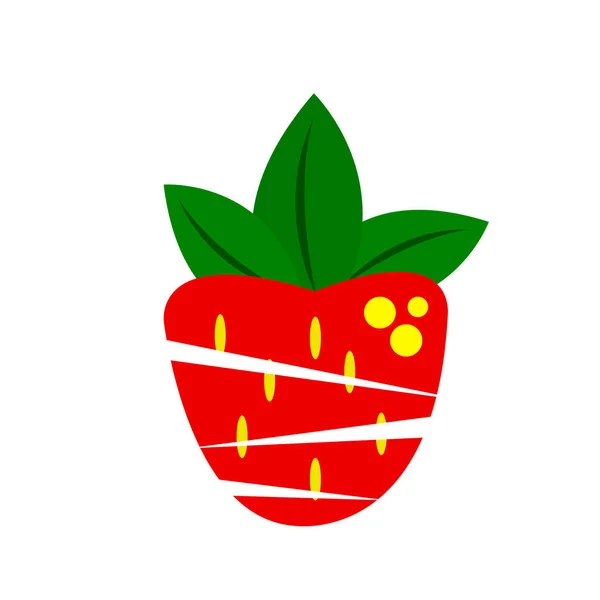 Натуральний Логотип Яскраво Червона Полуниця Круглими Жовтими Візерунками Єктом Зеленого — стоковий вектор