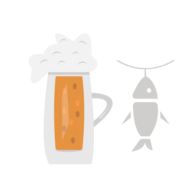 满满一杯啤酒 上面印有泡沫和干鱼标识 是酒精饮料和小吃的概念 — 图库矢量图片