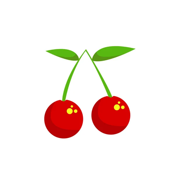 Két Élénk Piros Cseresznye Zöld Levelekkel Fehér Alapon Egészséges Érett — Stock Vector