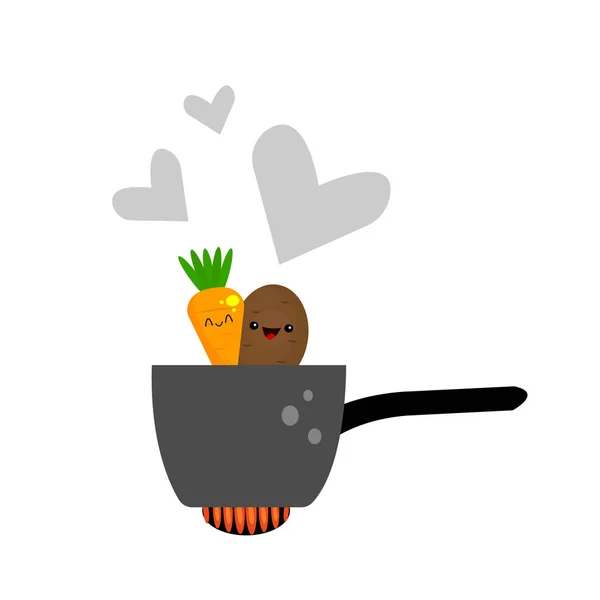 胡萝卜和土豆卡通人物坐在火锅上 灰蒙蒙的心形象征着对健康蔬菜的热爱 — 图库矢量图片